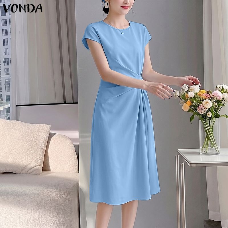 女性プリーツドレスエレガントな A ライン OL 作業サンドレス固体カジュアルルーズ Vestidos 2026 VONDA ファッション O ネックルーズローブファム