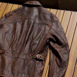 オーダーメイドのメンズレトロウィンターモーターサイクルジャケット、ヴィンテージウォッシュ加工の本革カーフスキン、オーバーサイズスリムフィット、ラペル、秋用。