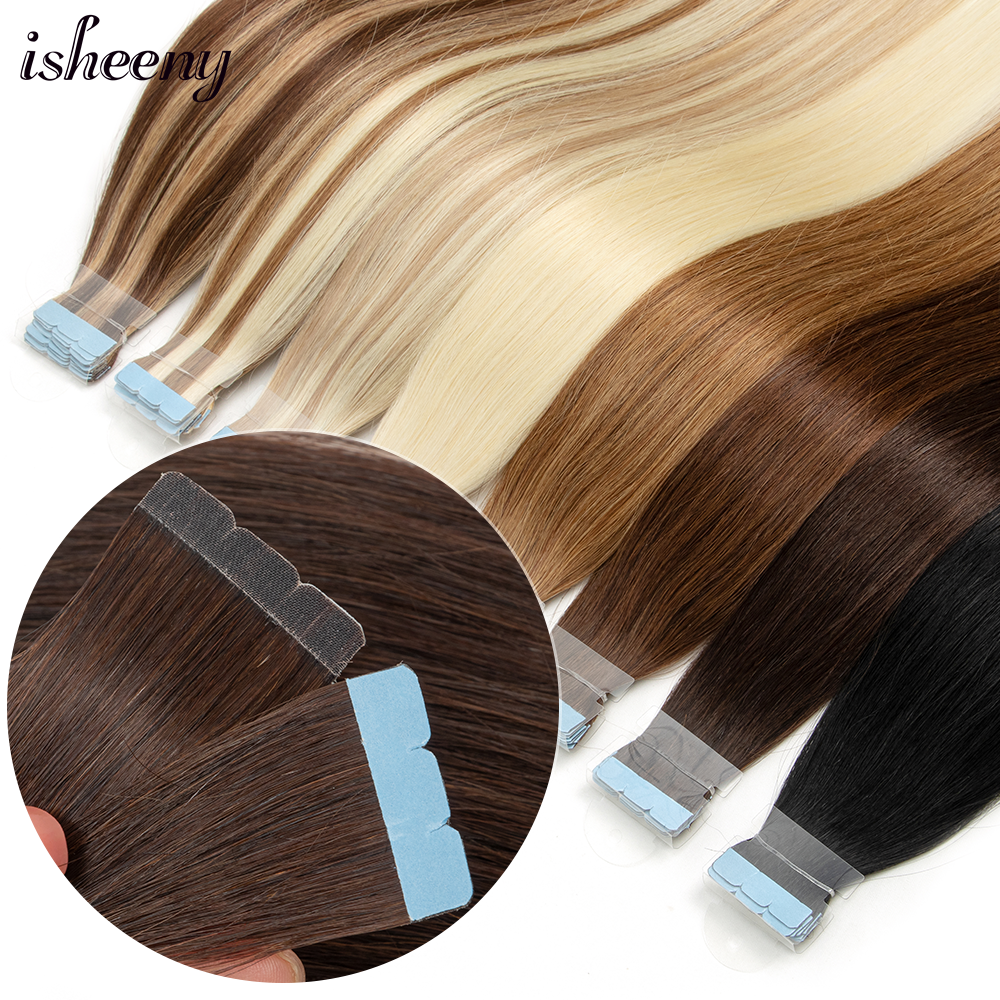 Isheeny 12 "-24" ミニテープヘアエクステンションマシンレミースキン横糸粘着テープ人毛ナチュラルブラックブラウンブロンド 10 個