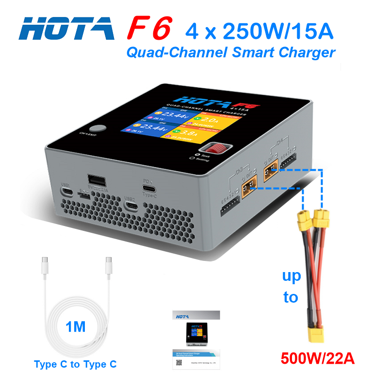 HOTA F6 4 チャンネルバランス充電器 Lipo LiIon NiMH バッテリー用 Type-C 付き iPhone iMac Samsung 充電用