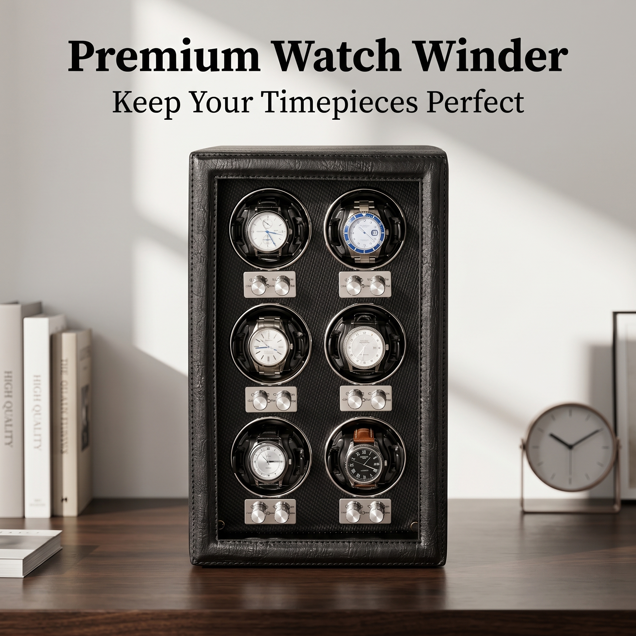 Lorvo Automatic Watch Winder 6 Slots PU Leather Silent Motor Anti-Magnetic LED Light Watch Storage Display Case