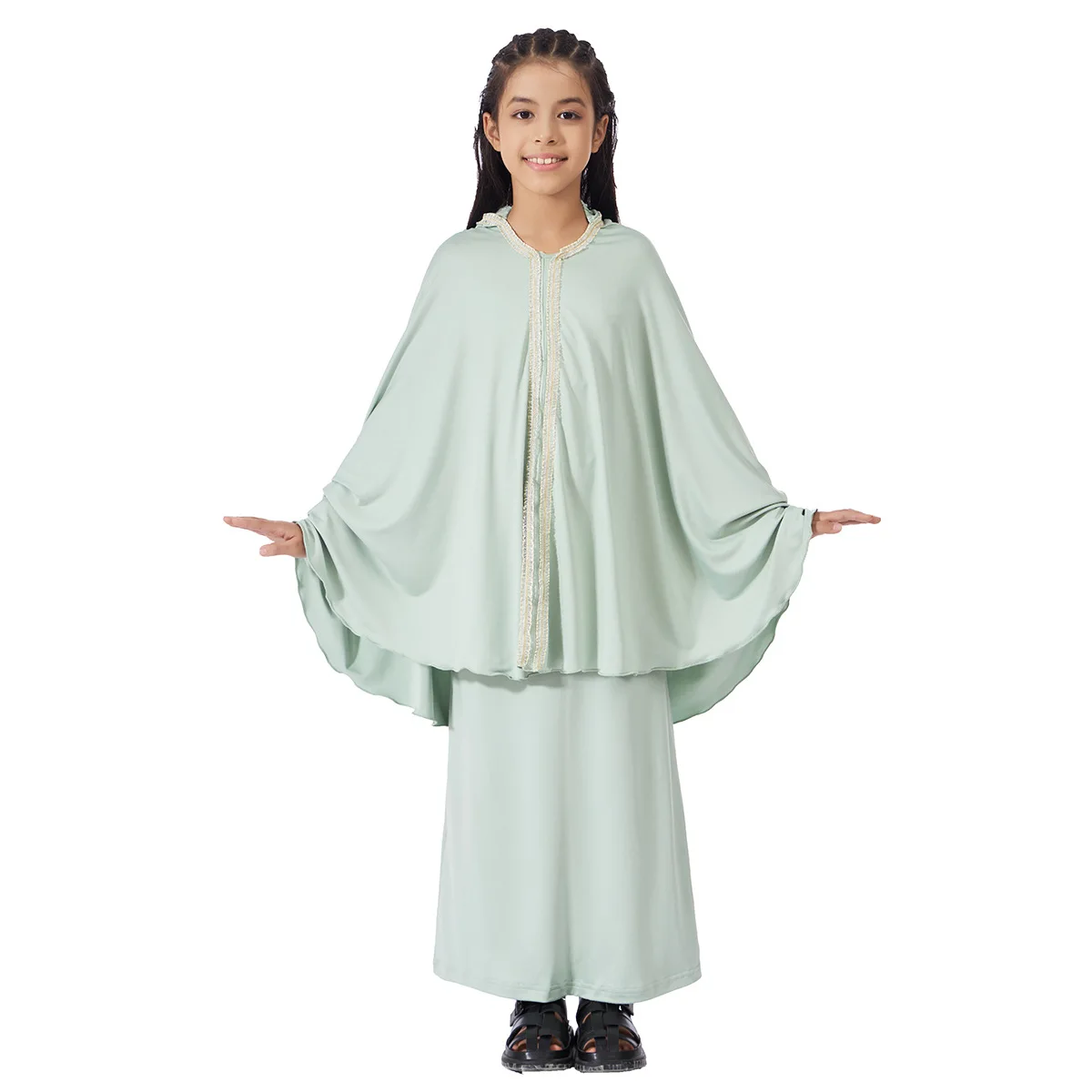 2 ピースヒジャーブイスラム教徒ドレスイスラムカフタンスカートローブ祈り衣服ラマダンイード女の子キマールアバヤセット子供ドバイトルコジャラビヤ