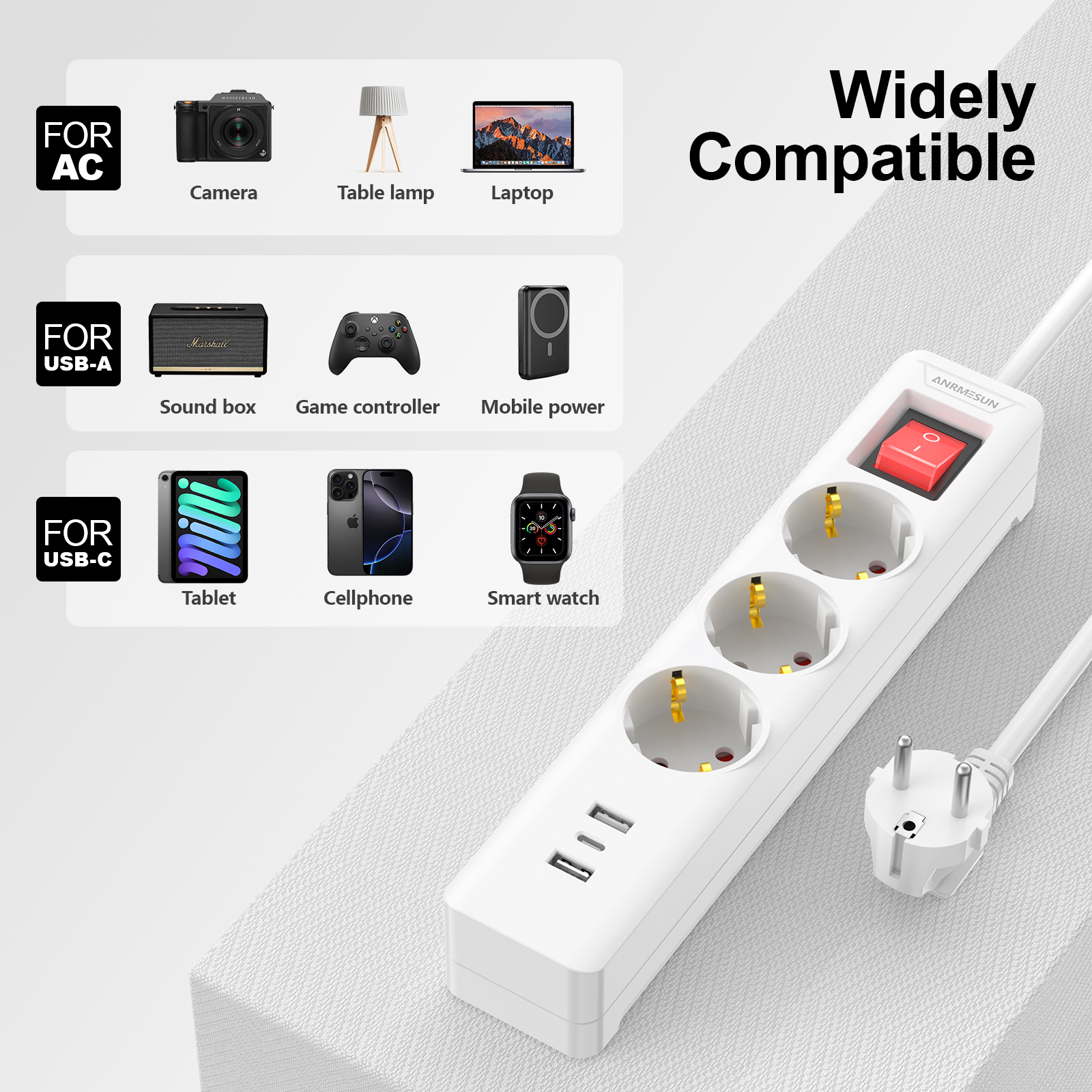 EU 電源タップ サージプロテクターと過負荷保護付き 2M 銅線 6 ポート (3AC 2 USB 1 PD 20W Type-C) ホームオフィス用