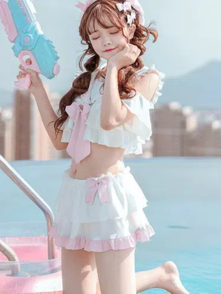 和風セーラー襟水着女性の夏の新しいかわいい温泉学生かわいいボウトップスカート 2 点セット分割水着