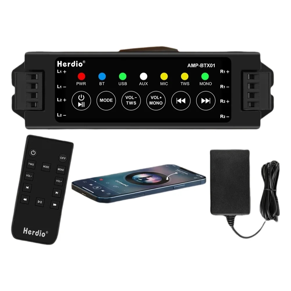 Herdio 4 チャンネル Bluetooth オーディオアンプ リモコン付き 浴室の壁/天井スピーカー用 EU/US/UK/AU 互換