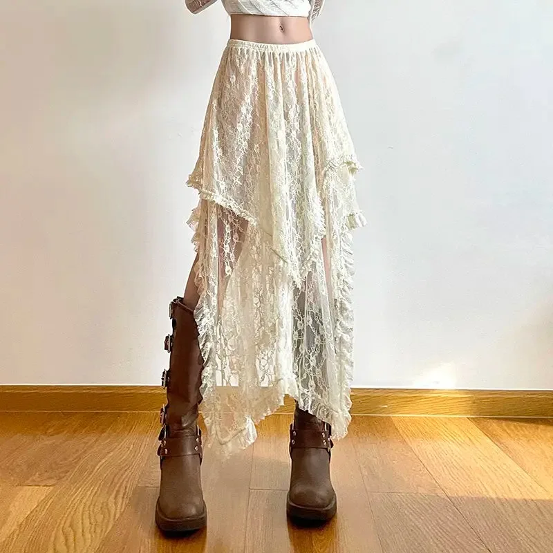 レース非対称スカートフェアリーコア女性ヴィンテージ Y2K 自由奔放に生きる美的ファッションハイウエストミッドスカート女性の休日の服装
