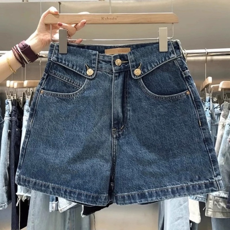 2025 夏デニムショートパンツ女性のトレンディな多用途ハイウエストルーズフィットストレートレッグカジュアルミッドレングスワイドレッグヴィンテージパンツ