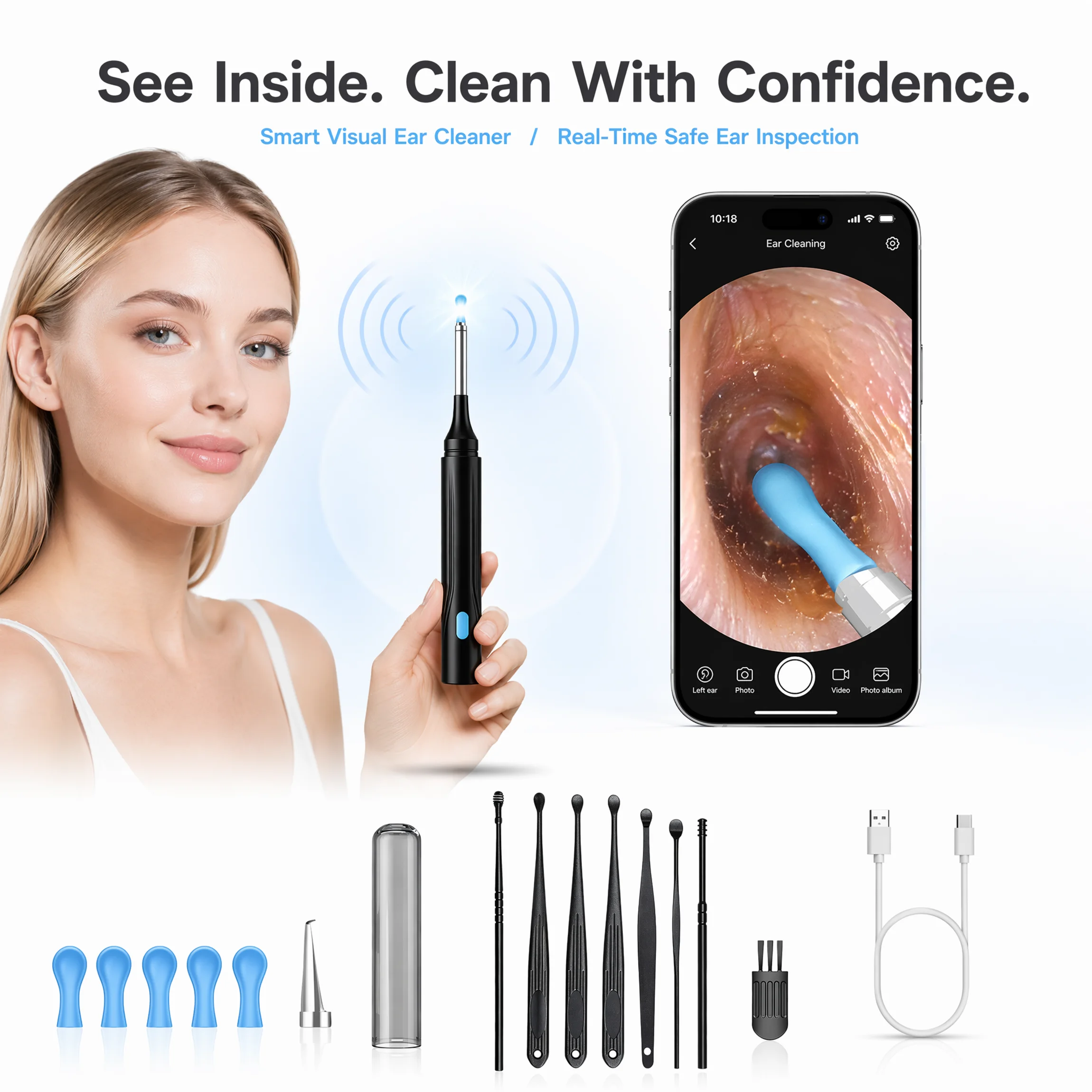 スマートビジュアル耳クリーナー HD カメラ耳垢リムーバー WiFi 耳鏡 1000 ワットデュアルモードシリコンスプーンピンセット USB 充電式金庫