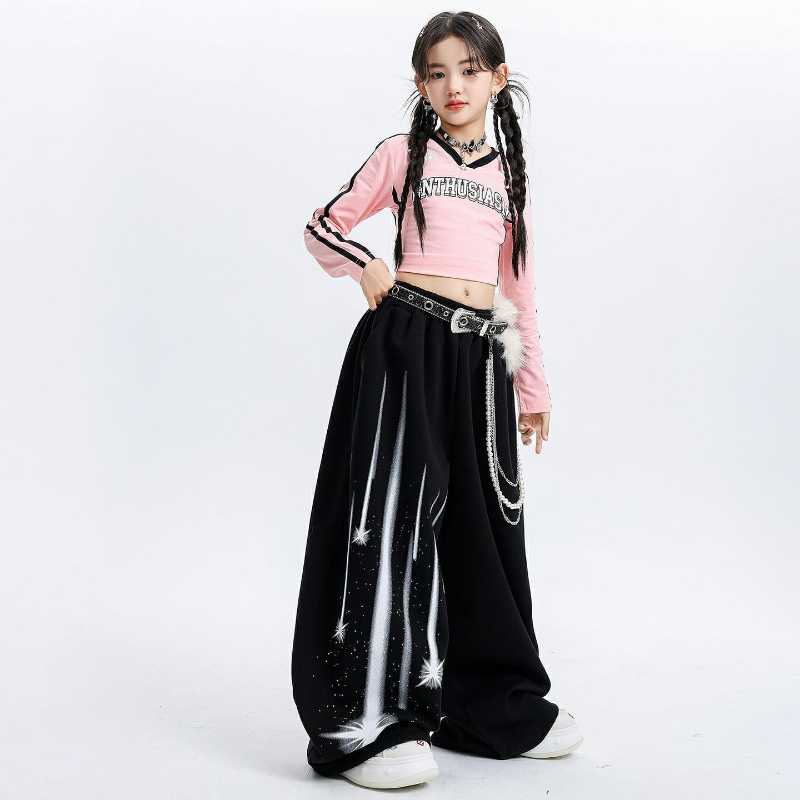 ジャズヒップホップダンス服女の子のためのピンク長袖トップス黒だぶだぶのパンツストリートダンスセットグループステージショー競技着用