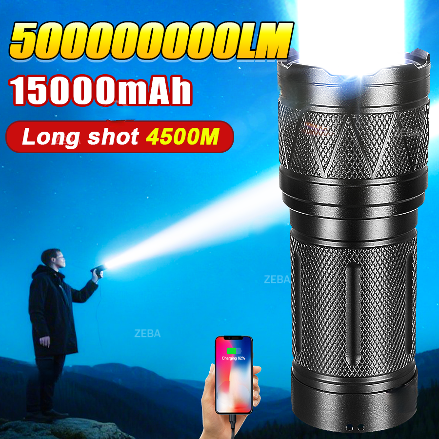 ハイパワー 15000mAh LED 懐中電灯 USB 充電式懐中電灯強力な長距離 4500 メートル戦術トーチキャンプ釣りランタン