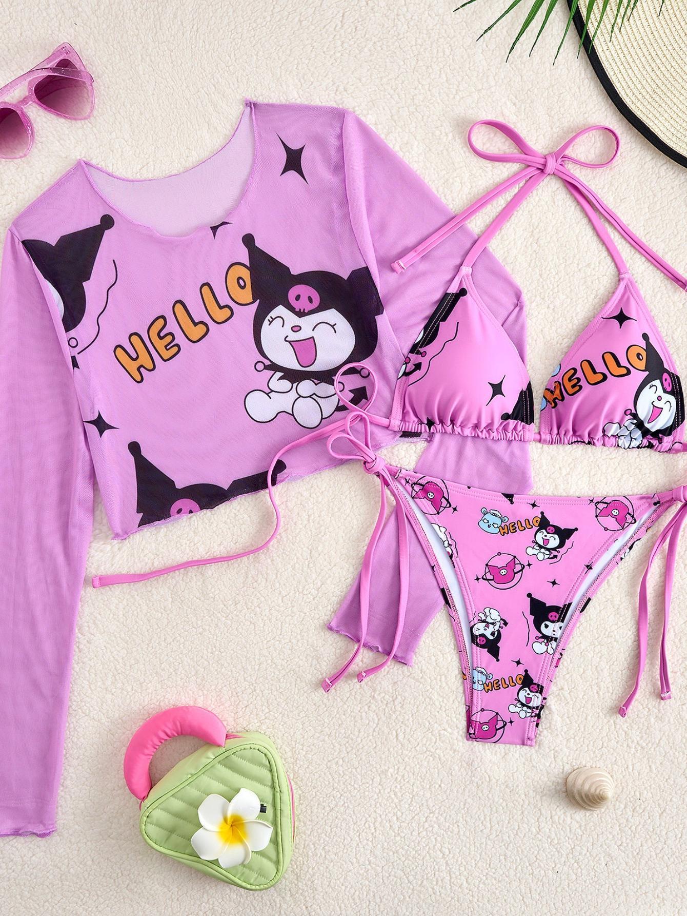 クロミビキニ3点セット、かわいいピンクY2Kホルター水着、メッシュカバーアップ付き女性用、ピンククロミホルターストリング水着
