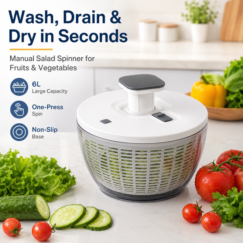 大型6Lサラダスピナー野菜洗浄機手動プレスフルーツ乾燥機、取り外し可能なバスケット、クリアボウル、クイックストップボタン付き