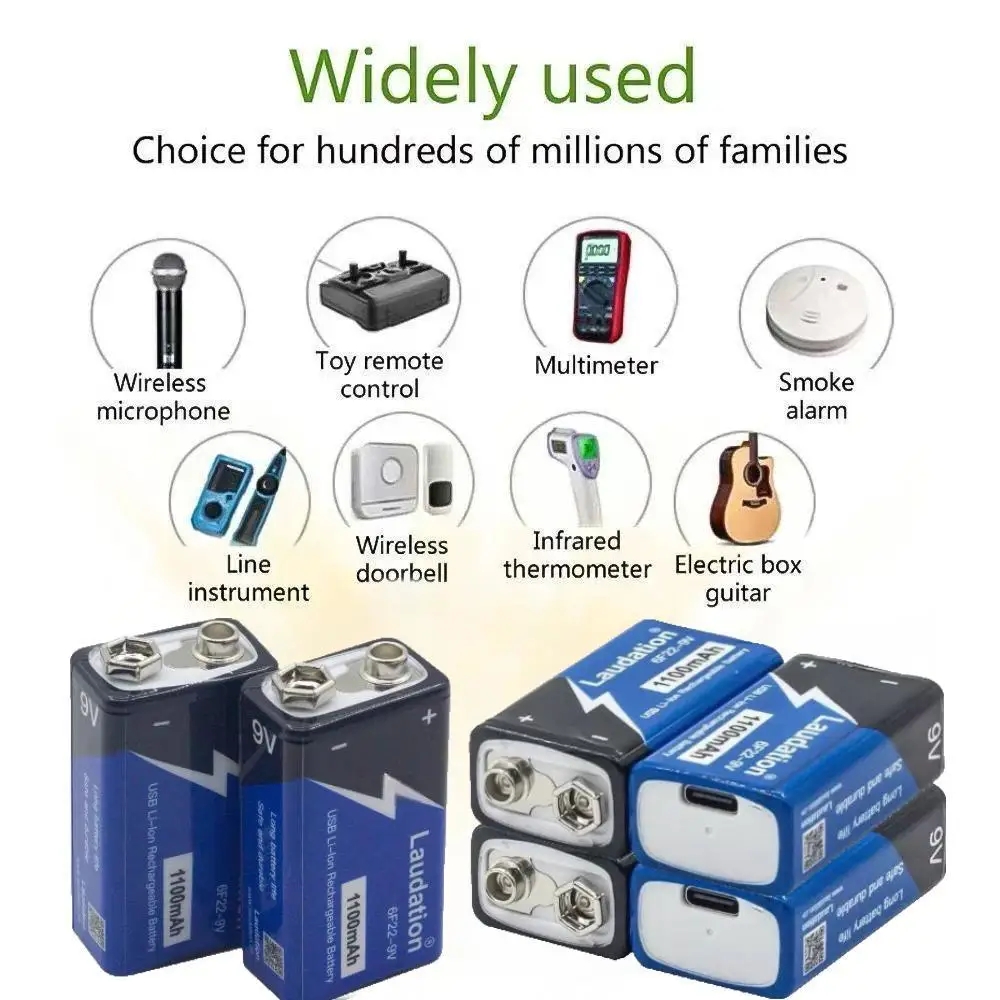 新しい充電式9Vリチウム電池1100mAh、マルチメーター、マイク、おもちゃ、リモコン用のType-C充電
