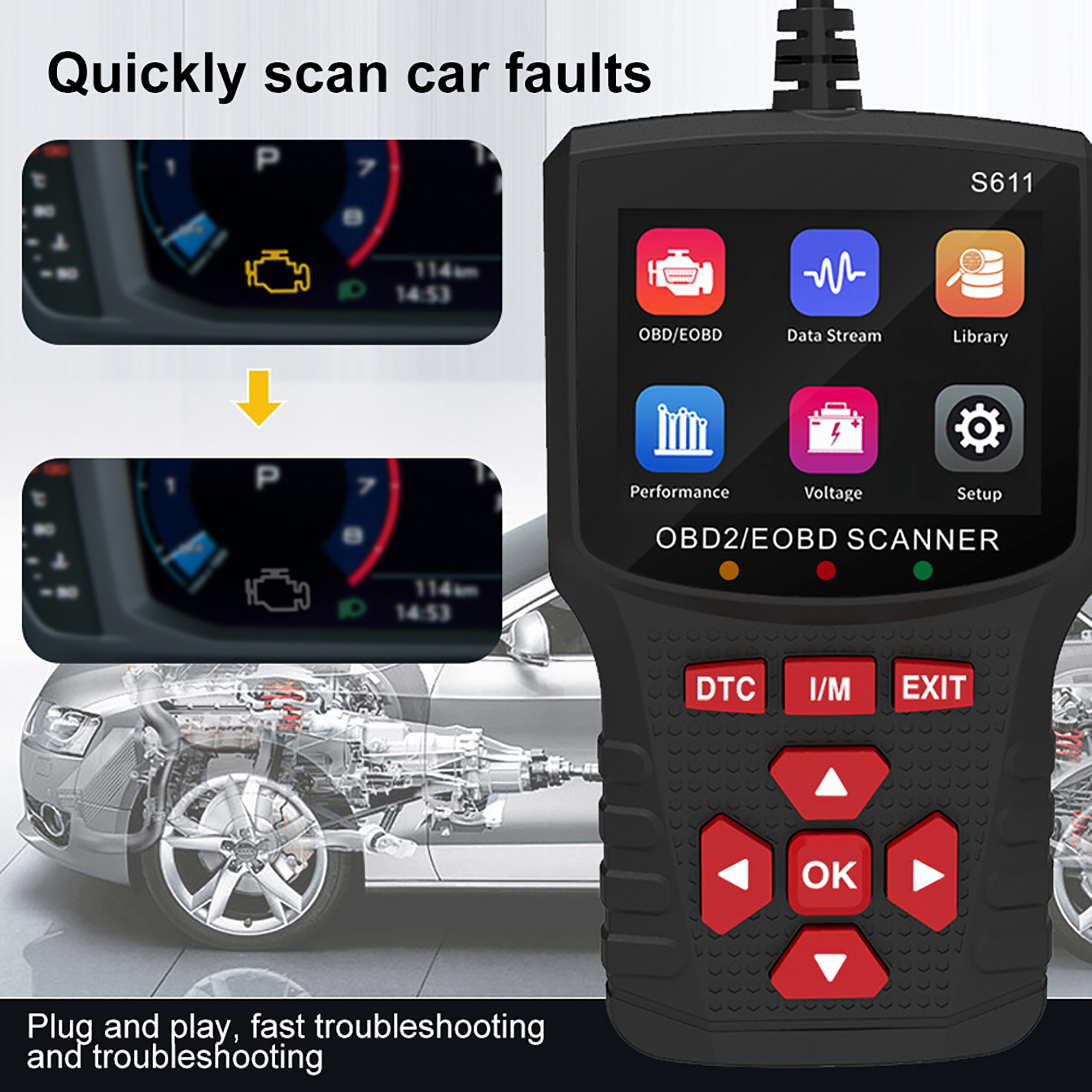車のOBD2スキャナー診断ツールコードリーダー、車の電圧テスターエンジン故障コードスキャナー、充電テスター診断もS611