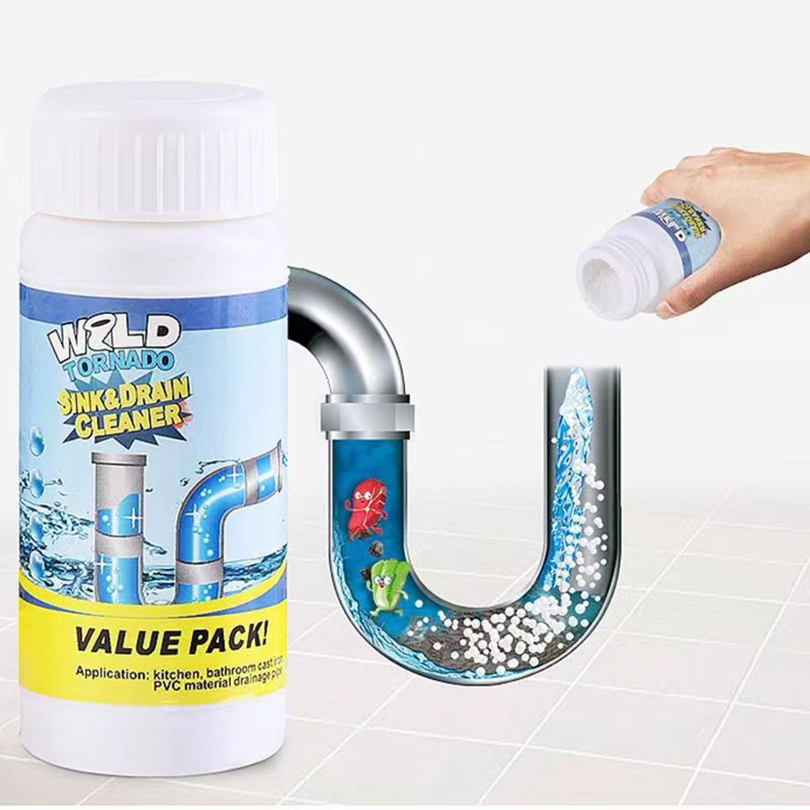 キッチンやトイレのパイプの詰まりを解消する強力なシンク・排水管クリーナーパウダー3個セット。トイレや浴室の床掃除にも最適です。
