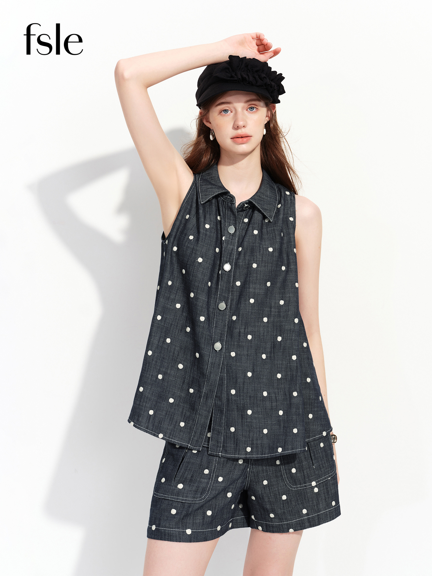 FSLE Women's 2026 Summer New aRRIVAL Cotton Linen Embroidered Polka Dot Sleeveless Shirt Set | Slim High Waist A-Line Shorts