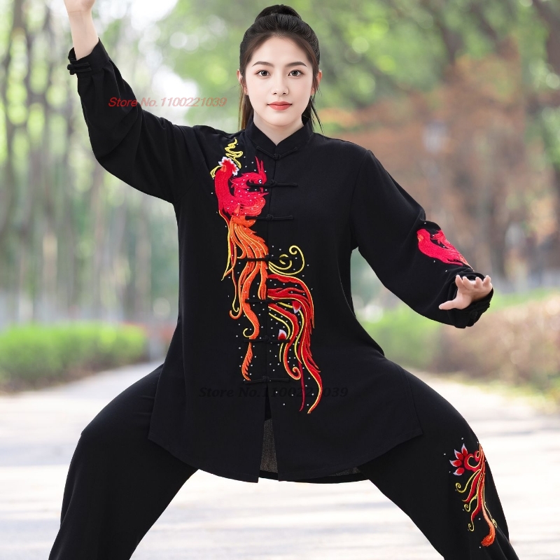 2026 中国カンフー太極拳武道武術スーツフェニックス刺繍トップスパンツセット詠春拳トレーニング運動パフォーマンス