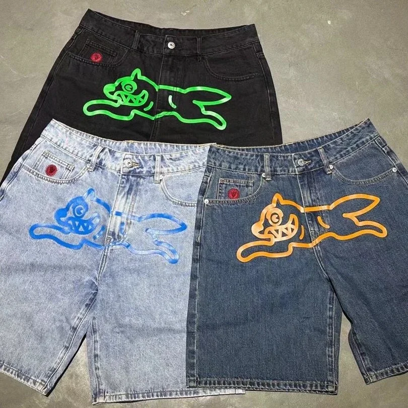 Y2k 夏原宿ヒップホップゴシックカラーフライングドッグプリントデニムショートパンツハイストリートルーズカジュアルストレートクロップドジーンズ