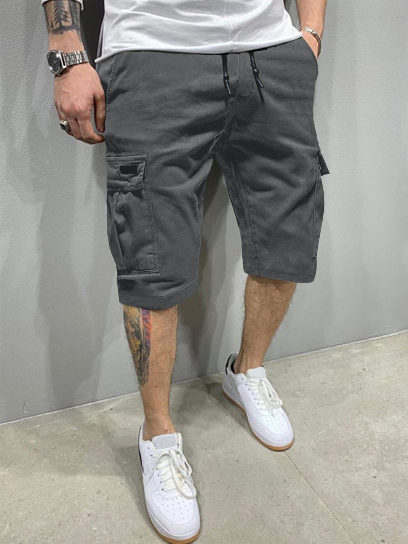 Manfinity Homme ルーズフィット メンズ カーゴ ショーツ フラップ ポケットとドローストリング ウエスト付き