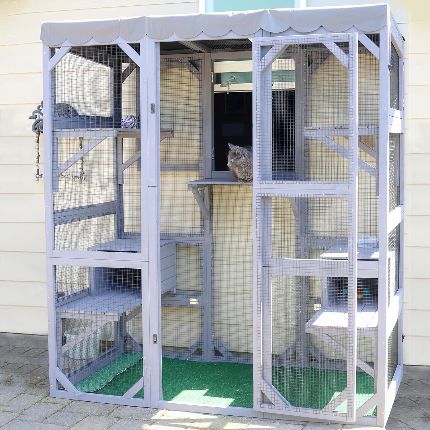 Catio 屋外猫囲い 7 つのプラットフォームと 2 つの休憩ボックス付きの複数の猫用の窓の大きなウォークインキャットハウス、防水シート、カスタム