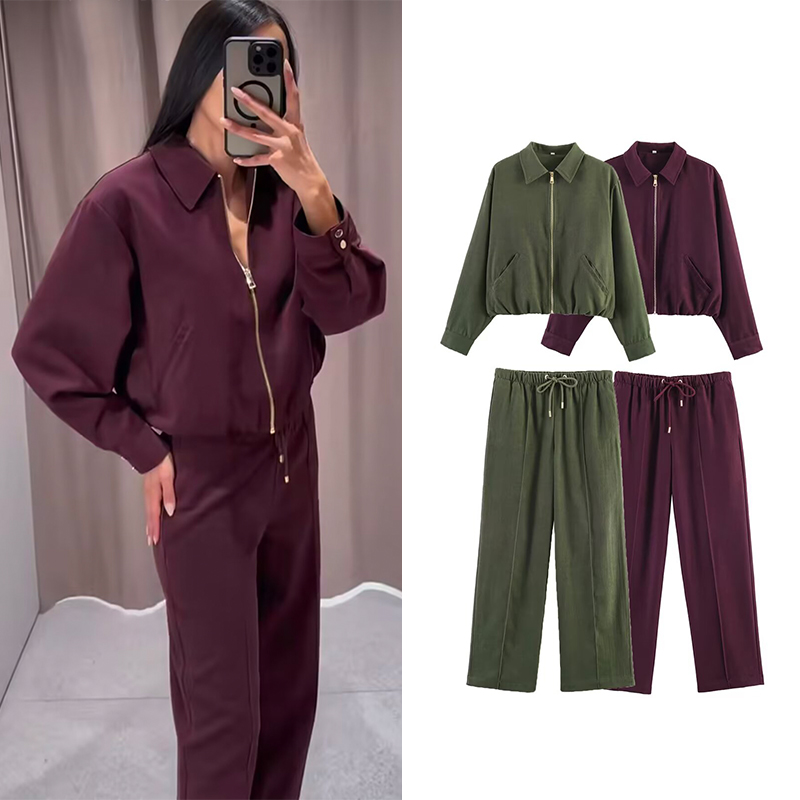 Women's High Waisted Wide Leg Pants Sets 2 Piece Set Fashion Bomber Jackets Coats Female Two Piece Sets Women Outfits