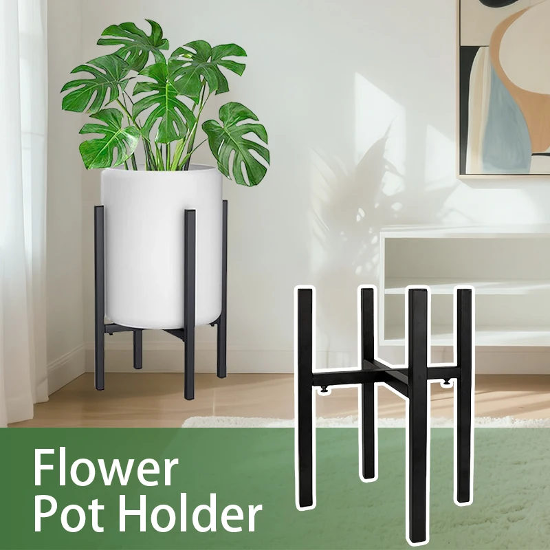 省スペースの調節可能な植物スタンド メタル | 10インチ～16インチポット用屋内屋外用ミッドセンチュリーシェルフ |ブラックのモダンなデザイン