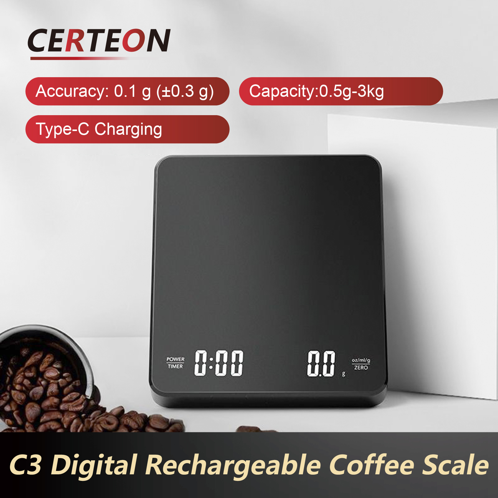 デジタルコーヒースケール タイマー付き 0.1g 精密エスプレッソスケール スマート充電式バリスタ 3kg キッチンスケール