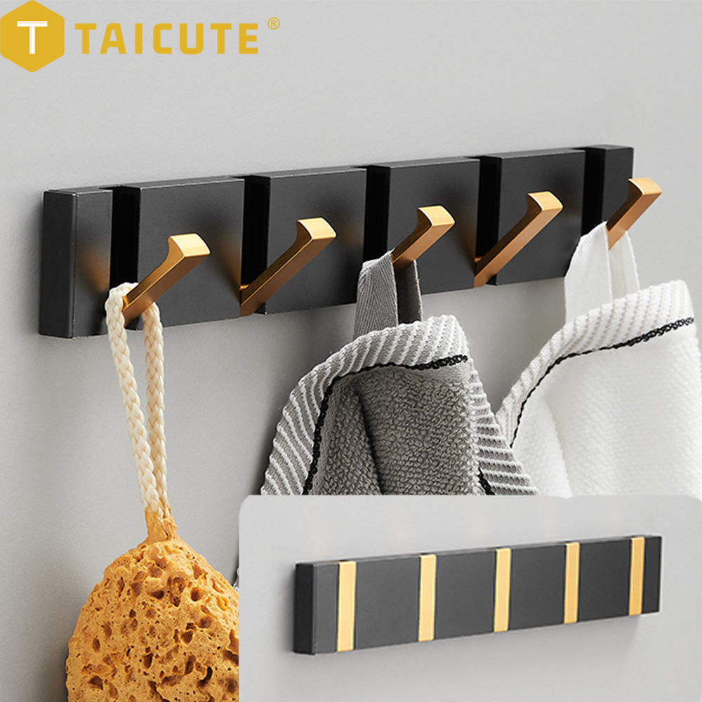 TAICUTE 折りたたみタオルハンガー 2way 取り付け 壁フック コート 衣類ホルダー バスルーム キッチン 寝室 廊下用 ブラックゴールド