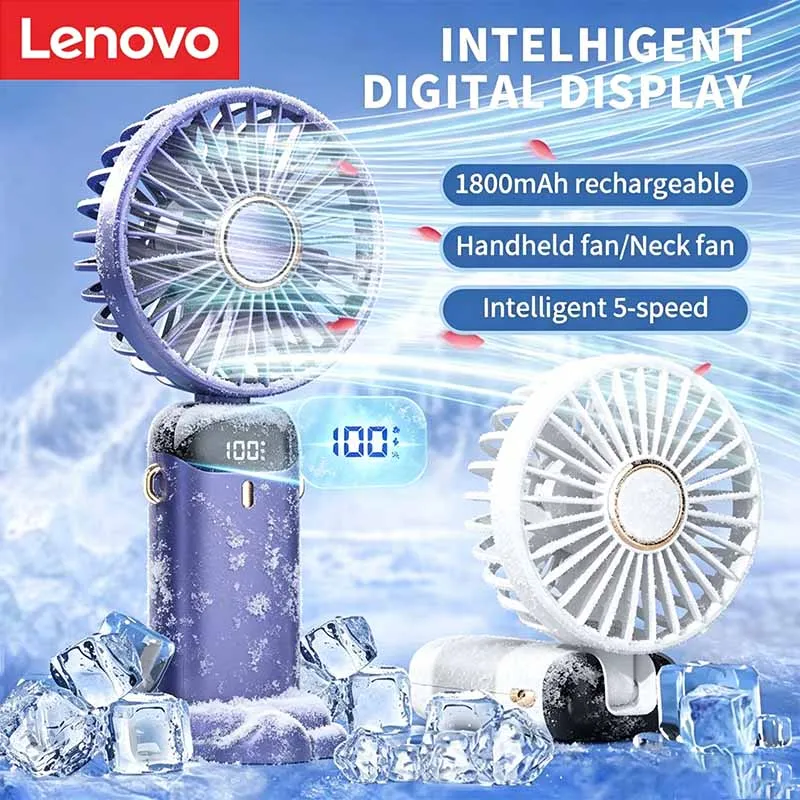 Lenovo ポータブル ハンドヘルド 5 スピード ファン 折りたたみ式首掛けファン USB 充電式ファン 電話スタンド付き