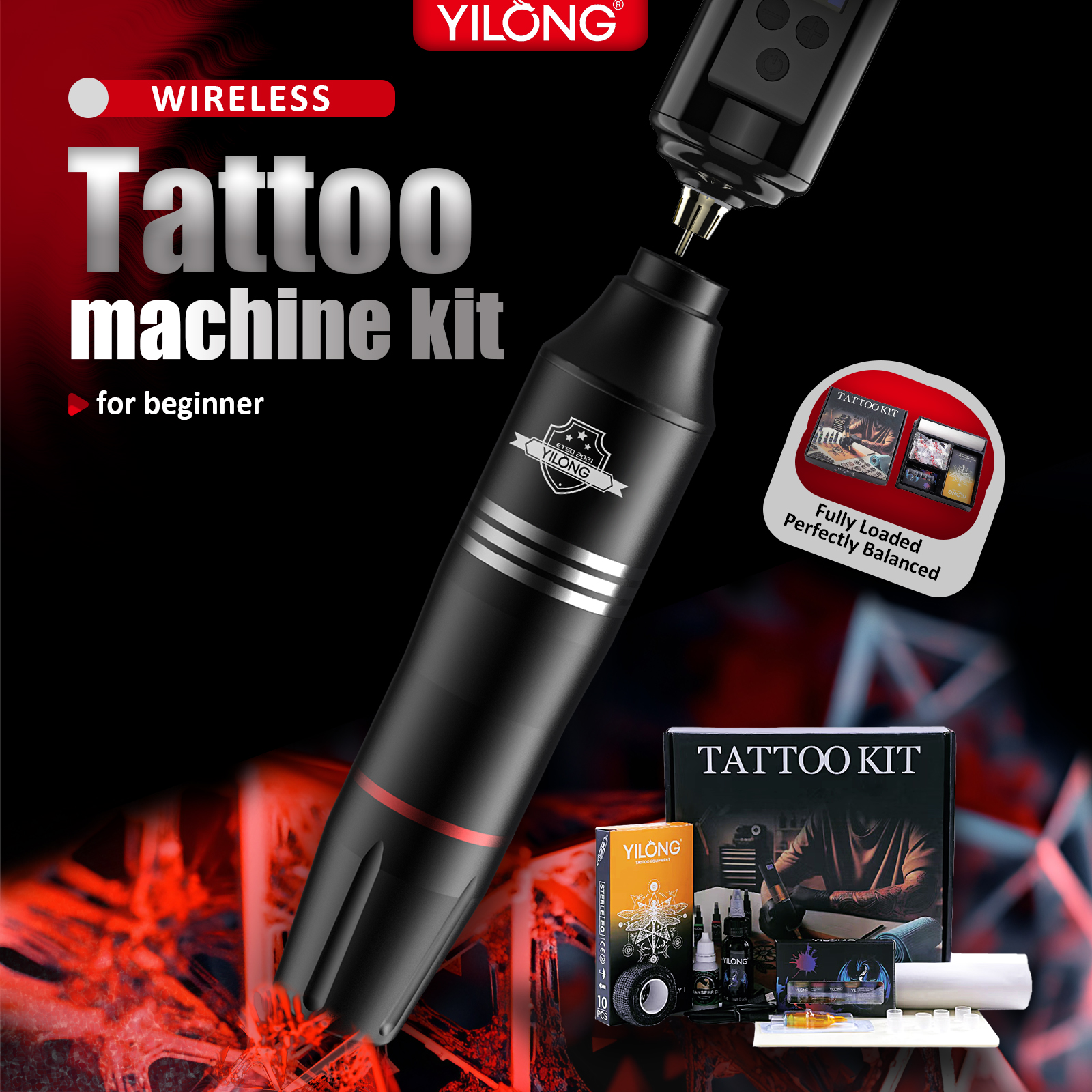 YILONG タトゥーキットプロフェッショナルタトゥーペンキットアートメイク用タトゥーマシンキットワイヤレス電源タトゥーガンキット
