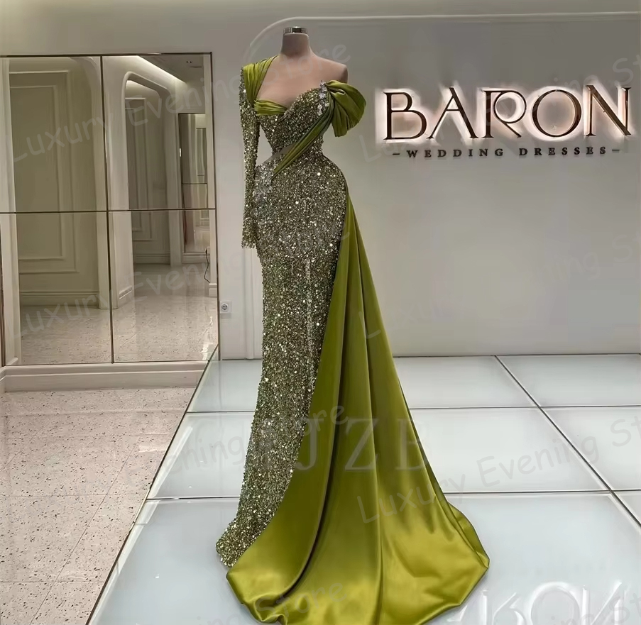 シンプルな人魚のイブニングドレスの女性のプロムドレス長袖スパンコールワンショルダーファッションパーティー Vestidos デ Noche カスタマイズ