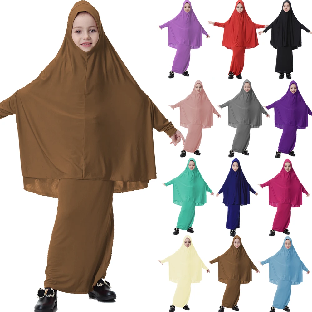イスラム教徒の子供女の子ドレス 2 枚セットアバヤヒジャブスカーフスカートイスラム服アラブ祈りカフタンローブイードラマダンキマールブルカ