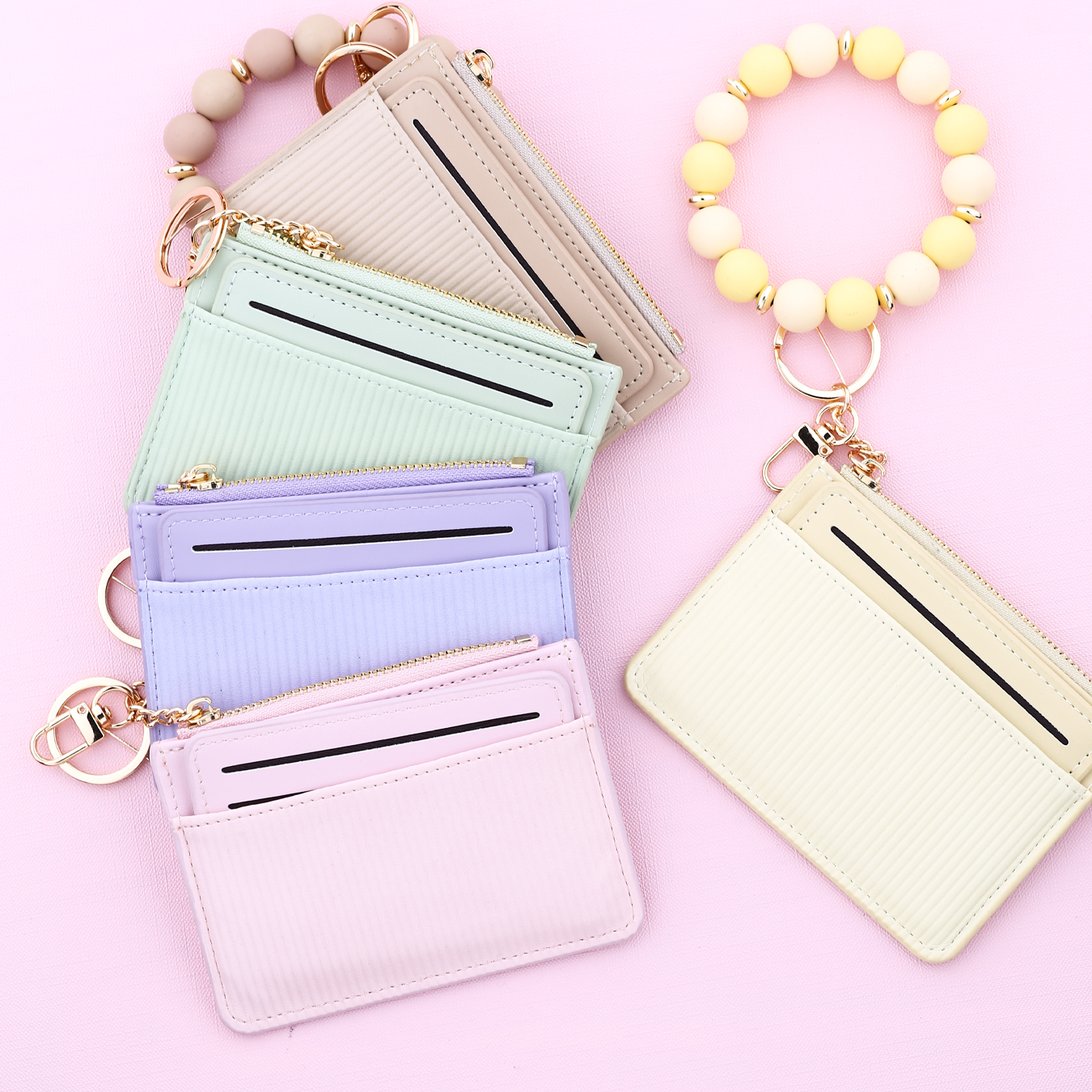 PU レザー ID クレジットカードホルダー財布リストレットバングルシリコンビーズタッセルカードホルダーレザーピンクかわいい女性の財布