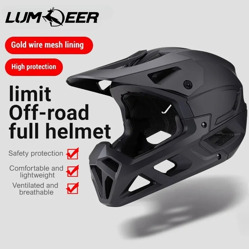 LUMDEER Black Anti-Impact Bicycle Helmet Mtb with Visor Full Face Sports In-Mold DH MTB Bicycle Helmet Casque Moto Cross