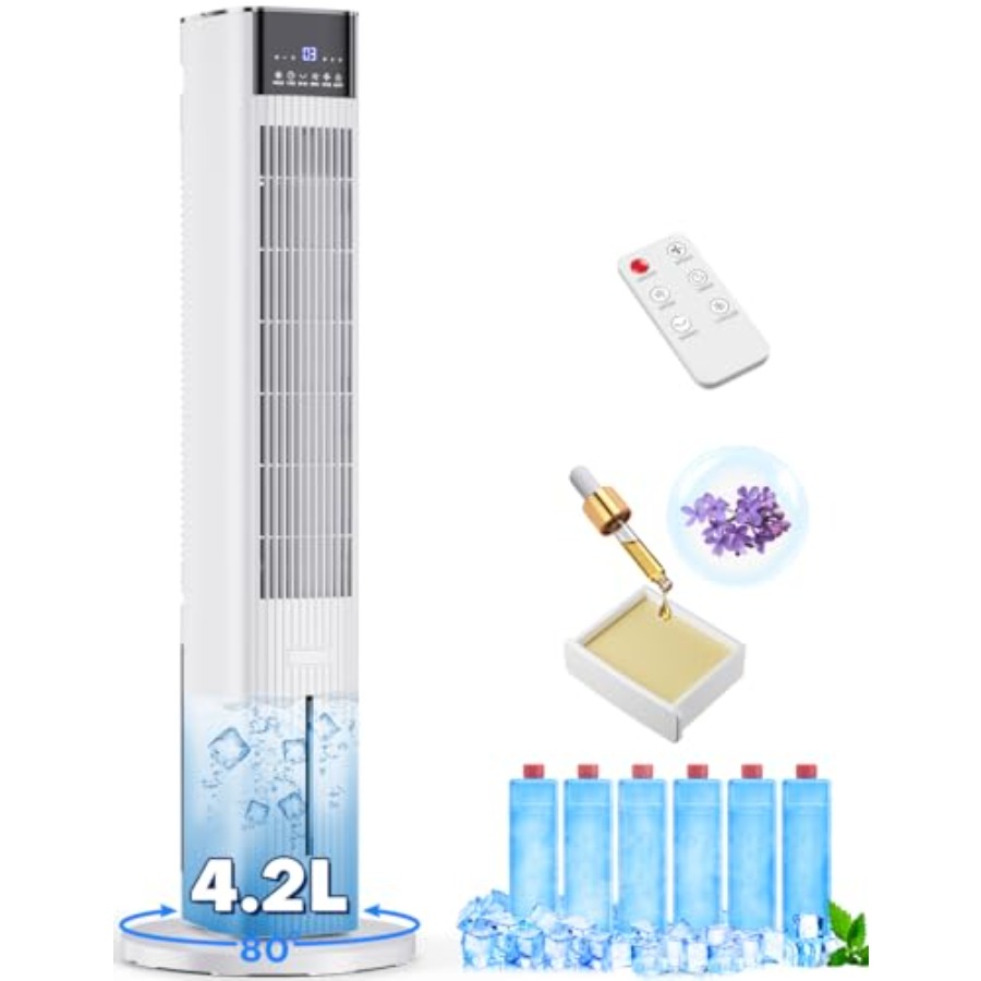 寝室用蒸発空気クーラー、プラスチックボディ、ホワイト、4 モード、3 スピード、アロマメモリー機能付き 42 インチポータブルスワンプクーラー