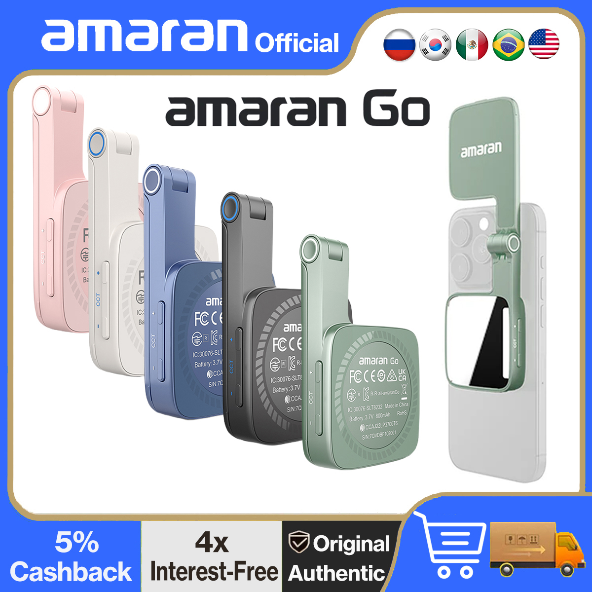 Amaran Go 磁気電話セルフィーライト 充電式ポータブルライト ミラー付き セルフィーメイクビデオ会議 TikTok Youtube用