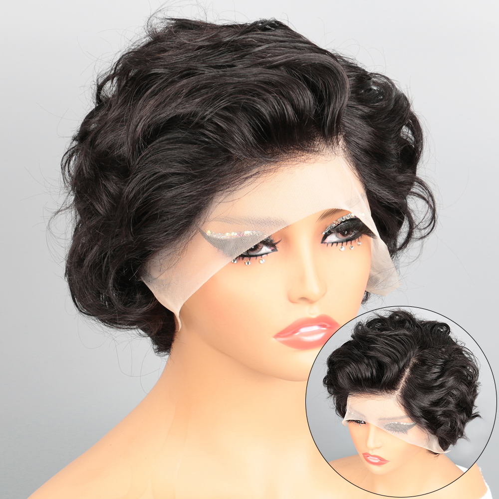 PixieCut かつら人毛 13 × 4 ローズカーリーショート人毛ウィッグナチュラルカラー HD レースフロンタルウィッグカーリー人毛ウィッグ女性のための