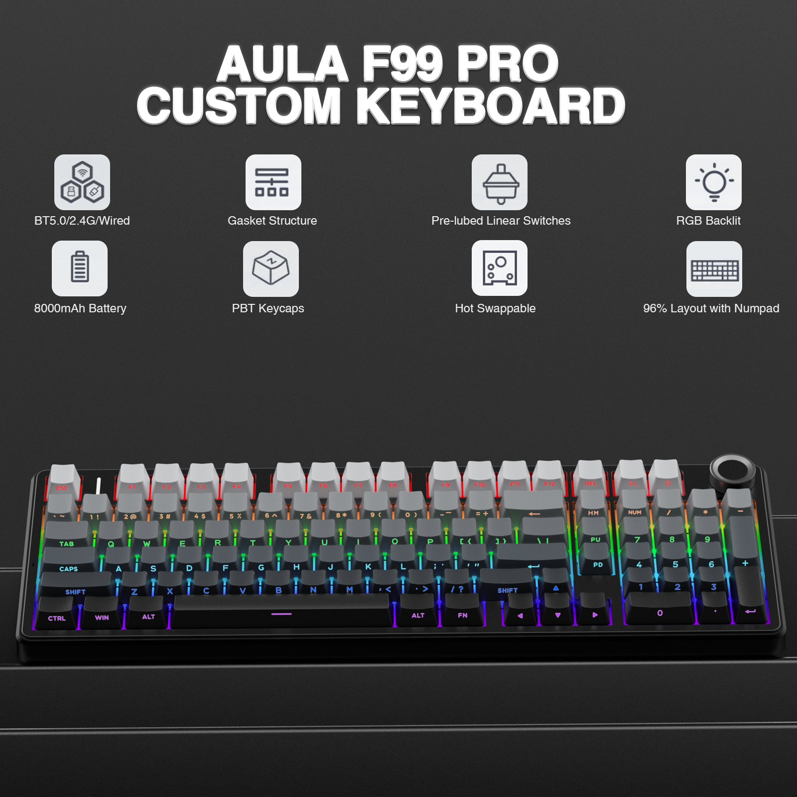 AULA F99PRO ワイヤレス ゲーミング キーボード ガスケット構造 3/5 ピン ホットスワップ メカニカル キーボードと互換性あり メディア ノブ付き