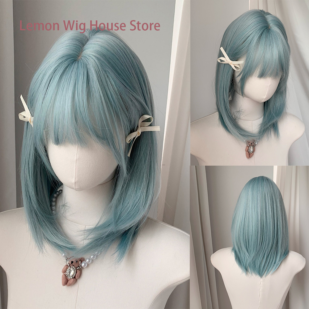 ブルーグレー合成ウィッグ前髪付きハイレイヤー鎖骨ヘアウィッグ女性用デイリーコスプレウィッグロリータレイヤードウィッグハロウィン