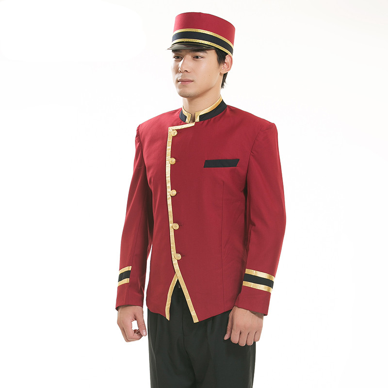 赤いホテルの男性用制服 ホテルの受付の男性用制服 ホテルの受付係 ホテルのウェイターの服