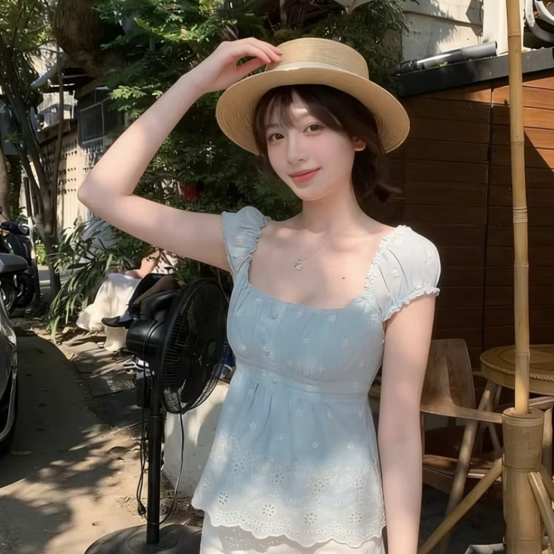 夏新レトロ Y2K 原宿レース中空花半袖美学純粋な欲望ファッショントップスクエアカラー女性のベスト