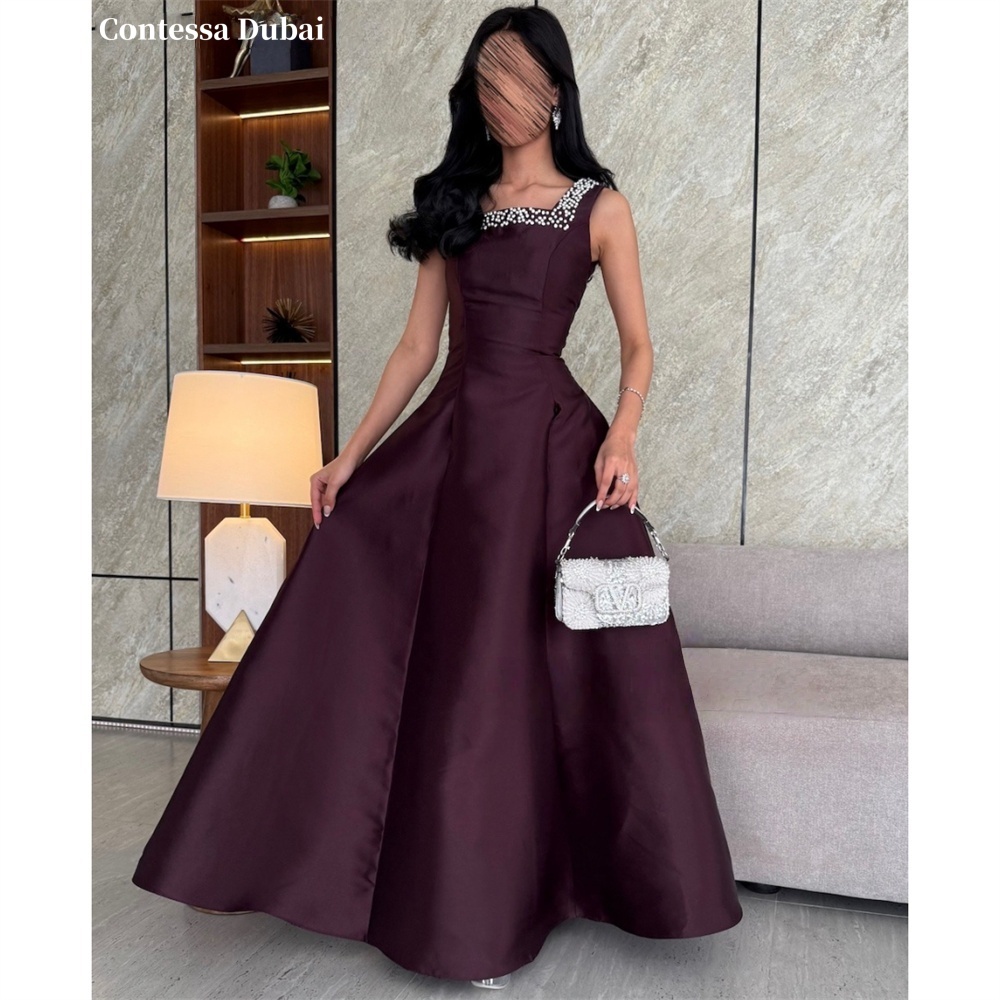 Contessa カスタムブルゴーニュ A ラインイブニングドレスビーズスクエアカラーウエディングドレスサテン Vestidos De Noche 高級フォーマルイブニング