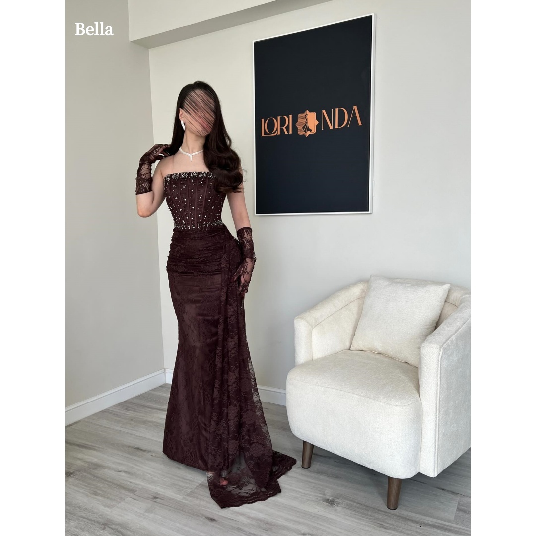 Bella カスタマイズされたディープバーガンディストラップレスビーズビスチェローブ · ド · ソワレレース手袋マーメイドシルエットパーティードレストレインスリム