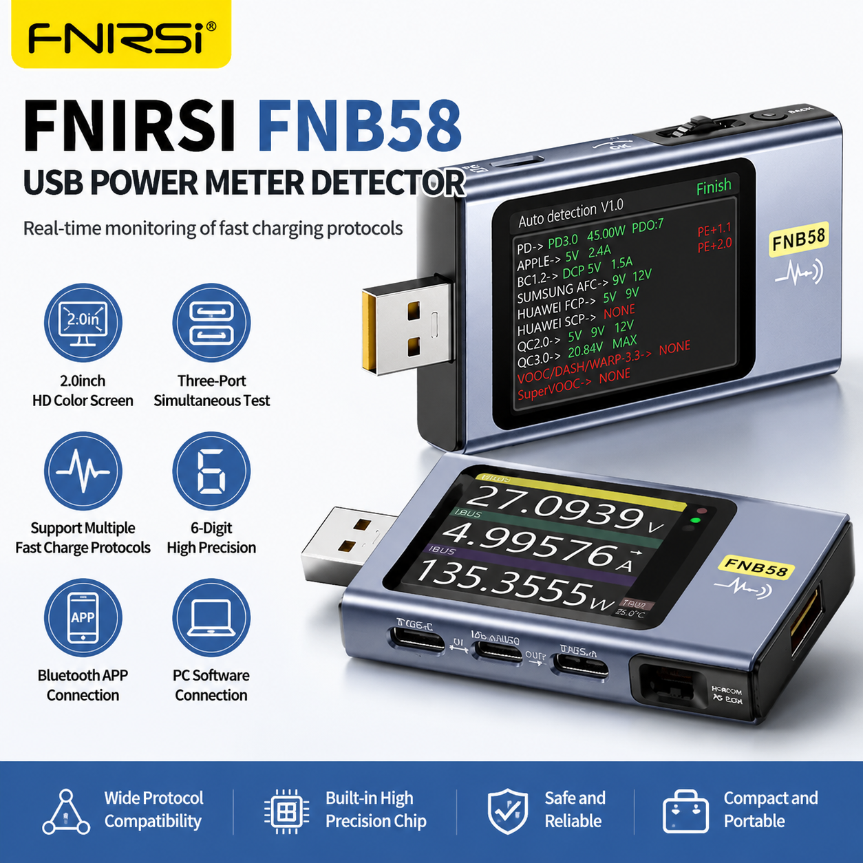 FNIRSI FNB58 USB テスター Type-C 電圧計電流計急速充電プロトコルトリガーリップル容量パワーバンク測定ツール