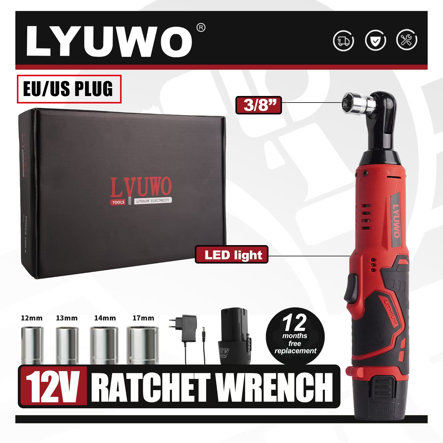 LYUWO 12V コードレス直角電動レンチ 45NM 3/8 インチラチェットレンチ分解ナット車のメンテナンスツール 4 ソケット