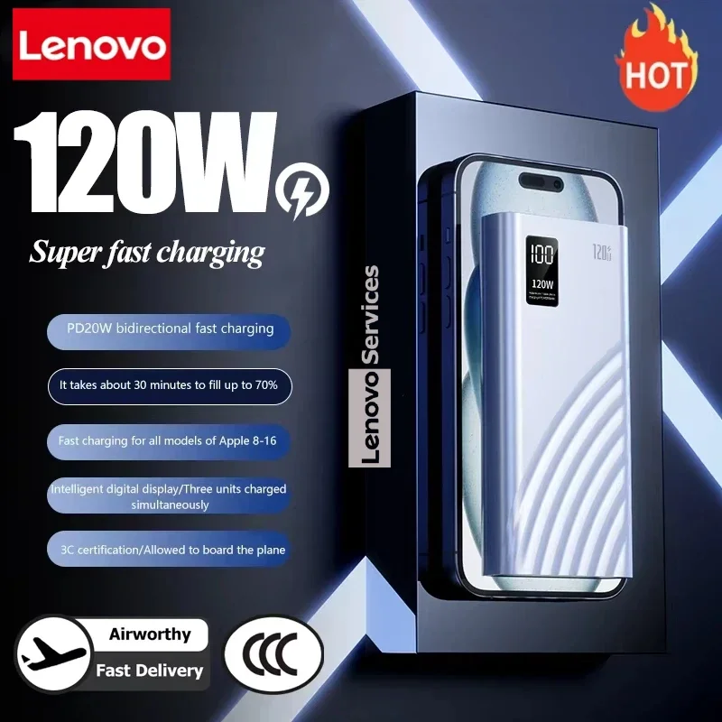 Lenovo 50000mAh ジャンプスターター 120W 超高速充電超容量外部バッテリー LED デジタルディスプレイ付き iPhone 2026 用