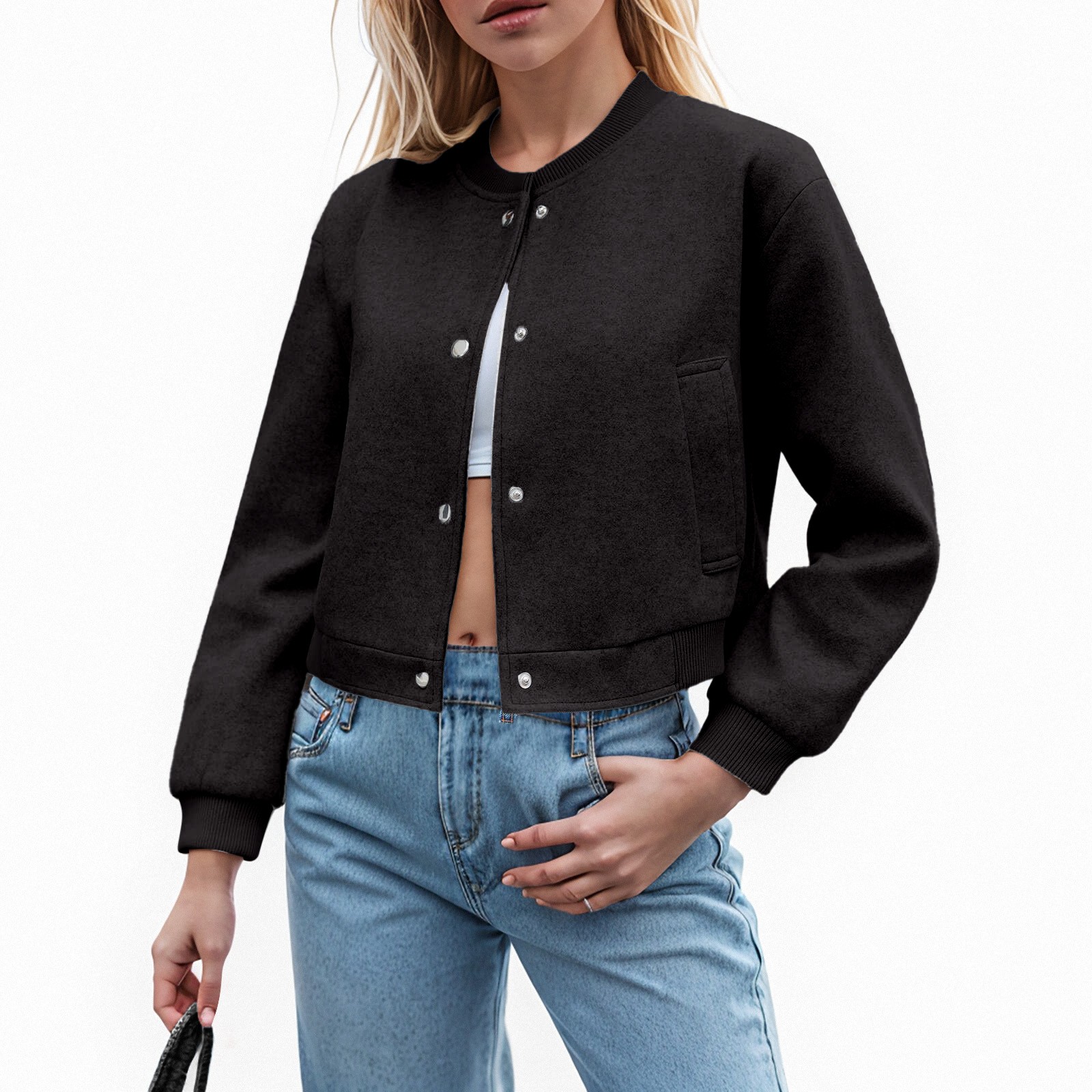 Vintage Button Open Cropped Jacket For Women Long Sleeve Bomber Leather Jacket 2026 Chic Streetwear Coats Female Outerwear