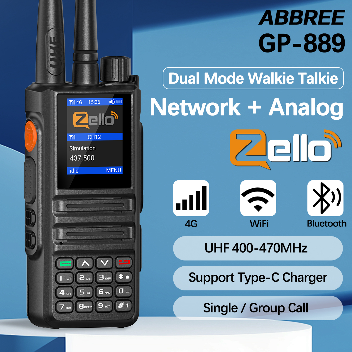ABBREE GP-889 アナログおよびネットワークラジオトランシーバーグローバル POC Zello UHF Bluetooth WIFI 2G 4G Sim カード Android Type-C アマチュア無線