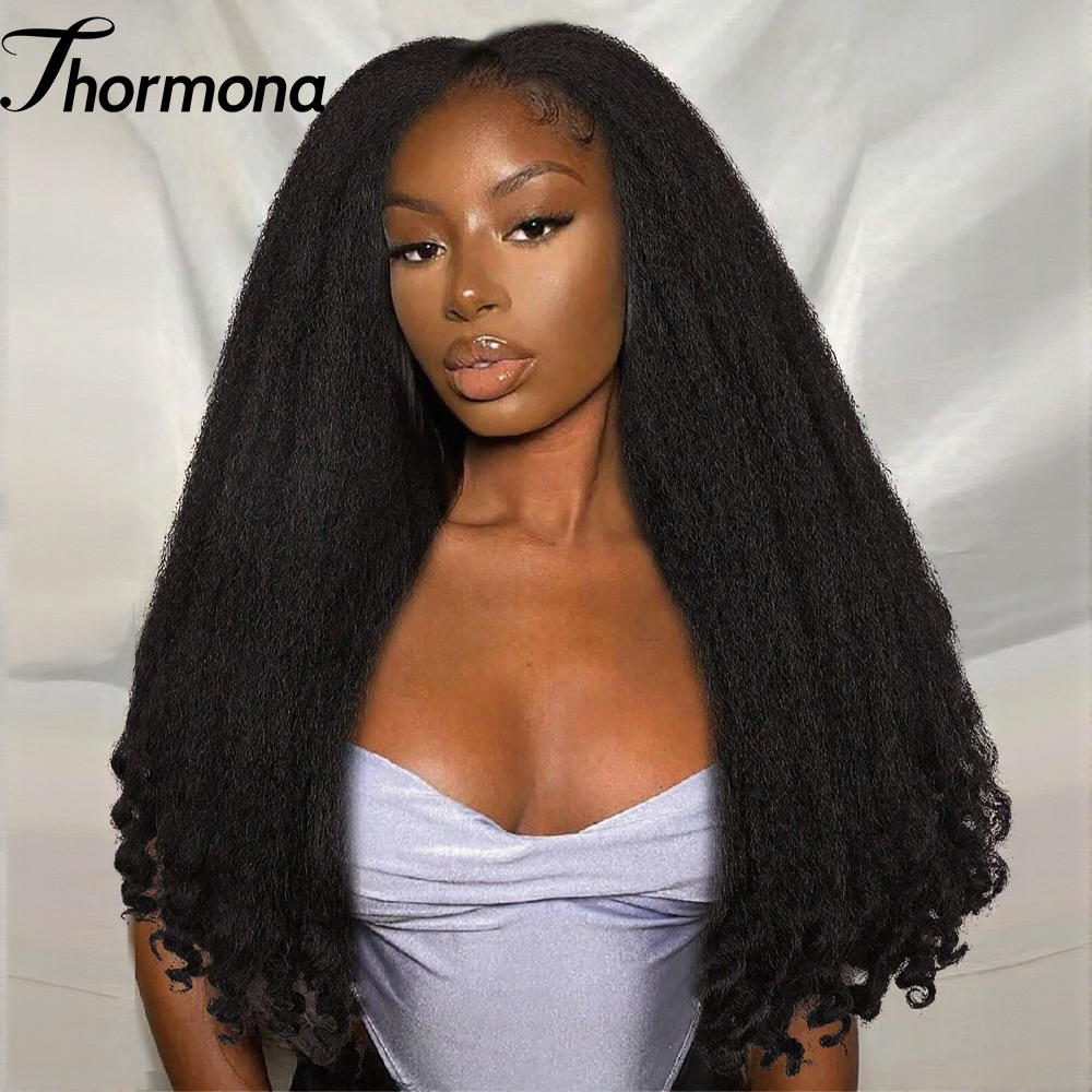 13X6 変態ストレートレースフロントウィッグダークブラウンふわふわ変態ストレート弾むカールエンドレース前髪ウィッグ黒人女性用