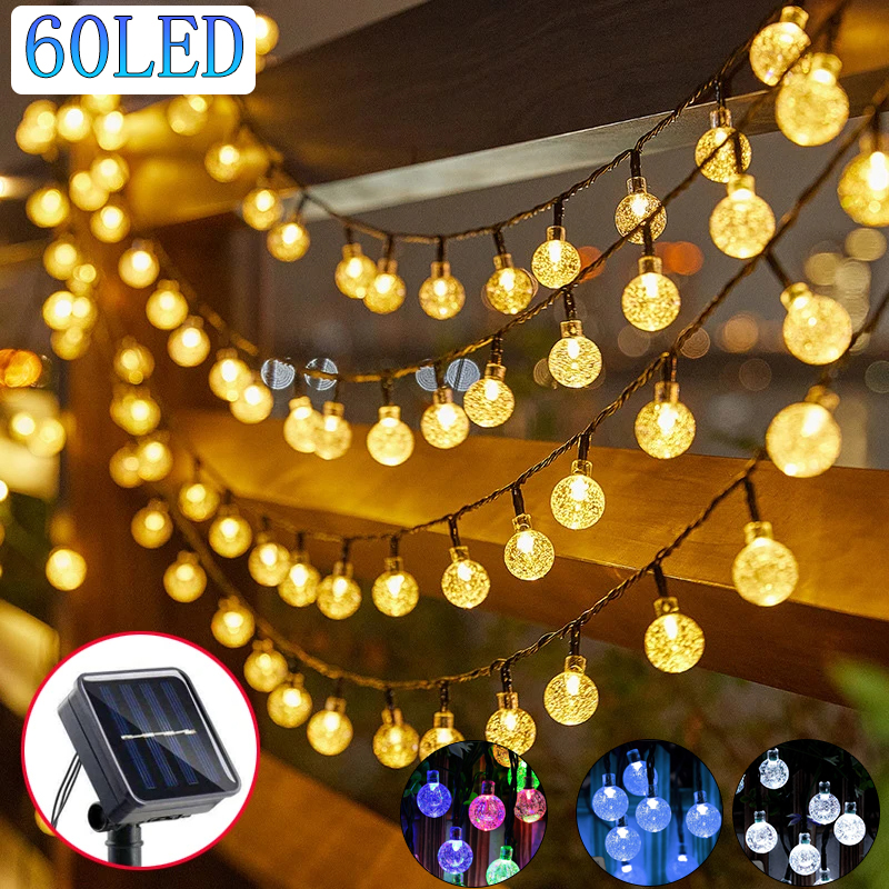 ソーラークリスタルグローブ LED ストリングライト 60 LED 8 照明モード IP65 フェアリーライトクリスマス花輪ガ​​ーデンパーティーの装飾 1 個/2 個